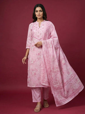 Pink Floral Printed Pure Cotton Salwar Suit Set with Breathable Fabric Feel and Printed Dupatta - Image 1