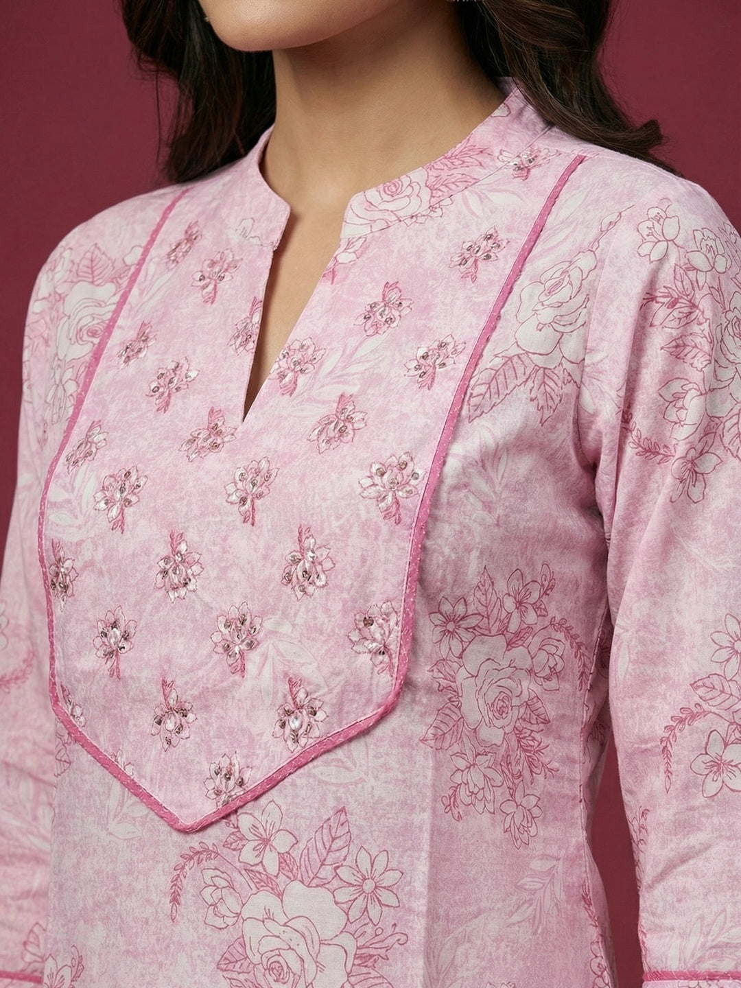 Pink Floral Printed Pure Cotton Salwar Suit Set with Breathable Fabric Feel and Printed Dupatta - Image 3