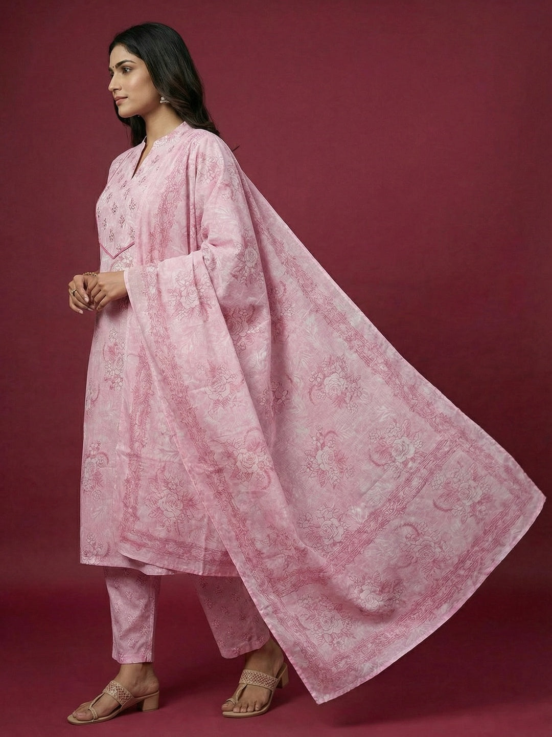 Pink Floral Printed Pure Cotton Salwar Suit Set with Breathable Fabric Feel and Printed Dupatta - Image 2