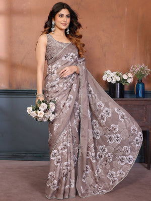 Elegant Brown Floral Printed Georgette Saree Enhanced With Delicate Lace Border Work - Image 1