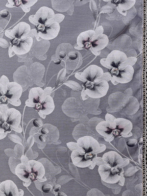 Elegant Gery Floral Printed Georgette Saree Enhanced With Delicate Lace Border Work - Image 2