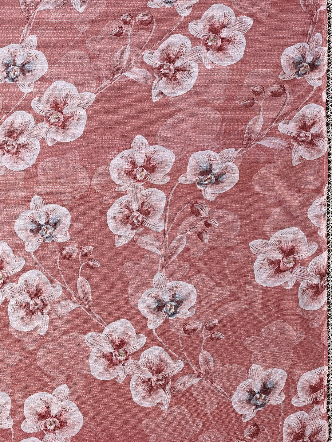 Elegant Dusty Rose Pink Floral Printed Georgette Saree Enhanced With Delicate Lace Border Work - Image 6