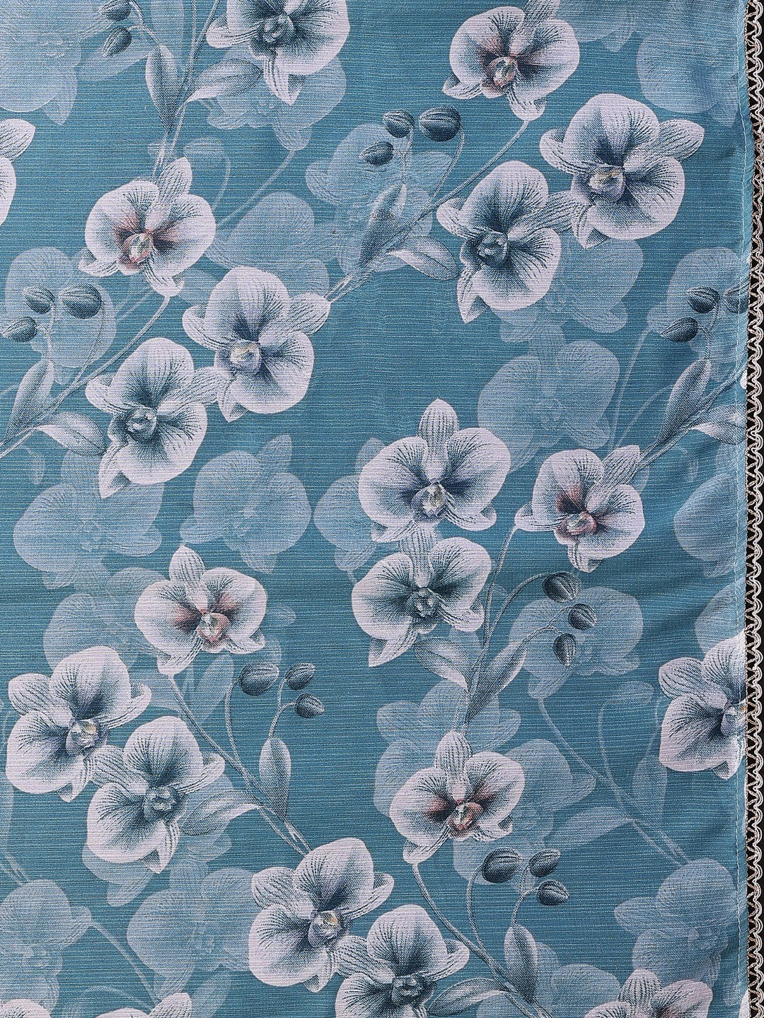Elegant Sky Blue Floral Printed Georgette Saree Enhanced With Delicate Lace Border Work - Image 2