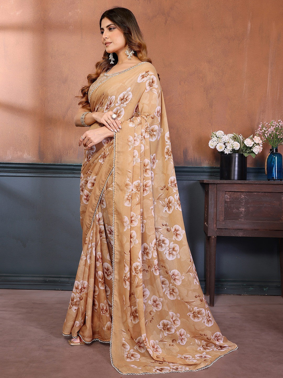 Elegant Mustard Floral Printed Georgette Saree Enhanced With Delicate Lace Border Work - Image 3