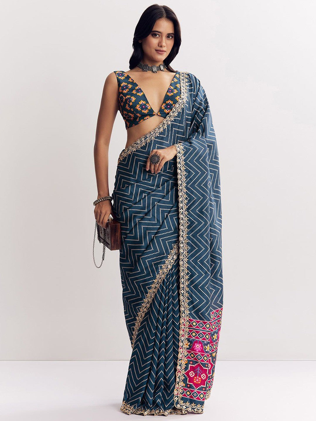 Classic Blue Zig Zag Printed Manipuri Silk Blend Saree Accented With Embroidered Lace Border - Image 1
