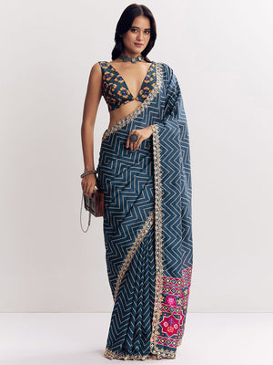 Classic Blue Zig Zag Printed Manipuri Silk Blend Saree Accented With Embroidered Lace Border - Image 1