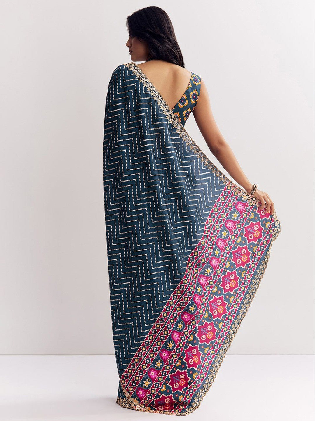 Classic Blue Zig Zag Printed Manipuri Silk Blend Saree Accented With Embroidered Lace Border - Image 4