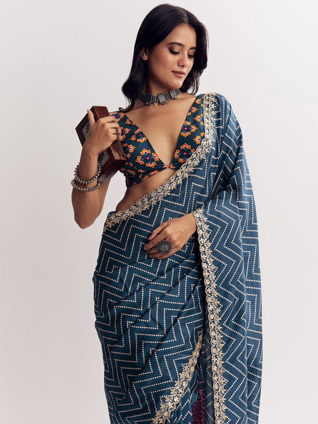 Classic Blue Zig Zag Printed Manipuri Silk Blend Saree Accented With Embroidered Lace Border - Image 3
