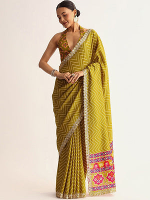 Classic Mustard Zig Zag Printed Manipuri Silk Blend Saree Accented With Embroidered Lace Border - Image 1