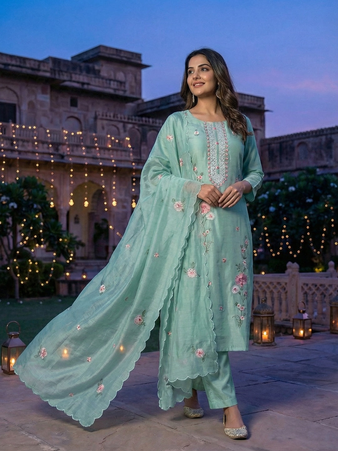 Sea Green Chanderi Silk Embroidered Salwar Suit Set with Dupatta - Image 1