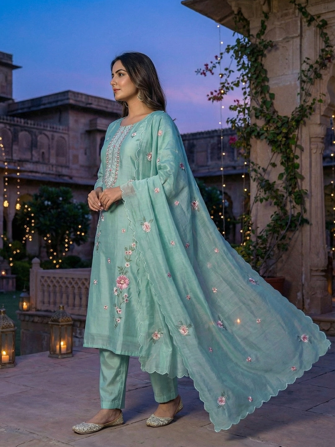 Sea Green Chanderi Silk Embroidered Salwar Suit Set with Dupatta - Image 4