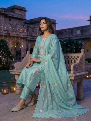 Sea Green Chanderi Silk Embroidered Salwar Suit Set with Dupatta - Image 2