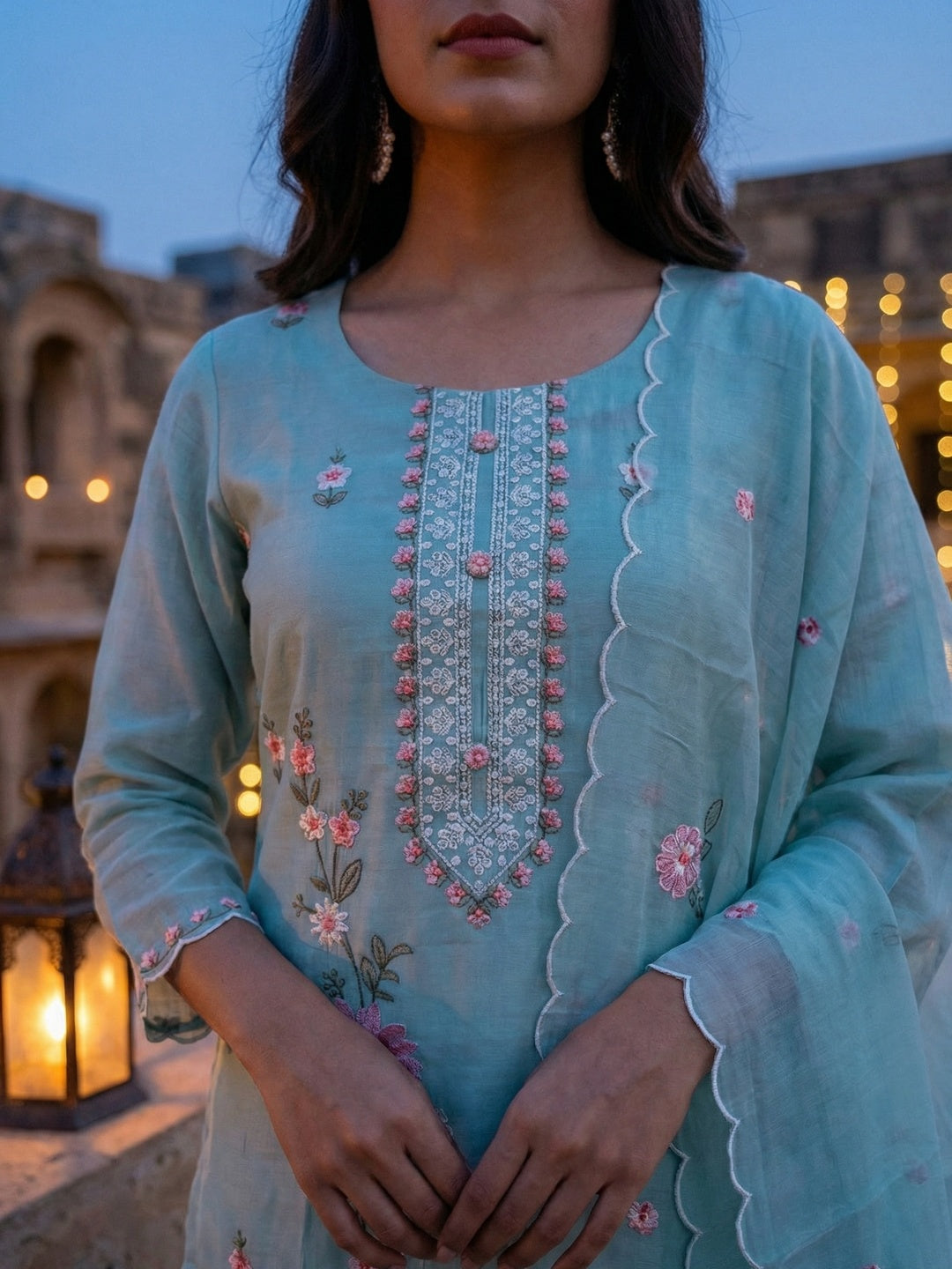 Sea Green Chanderi Silk Embroidered Salwar Suit Set with Dupatta - Image 5