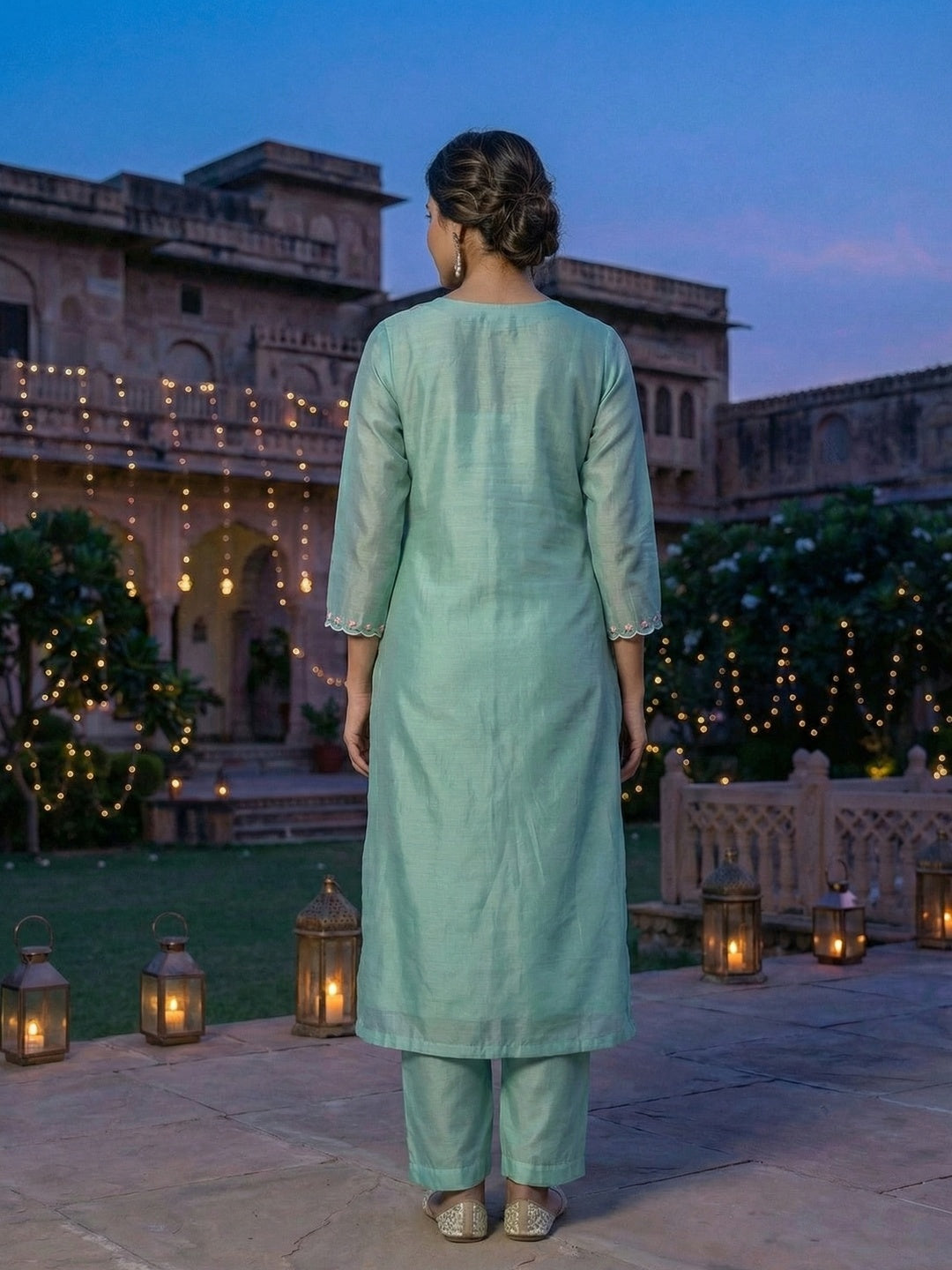 Sea Green Chanderi Silk Embroidered Salwar Suit Set with Dupatta - Image 2