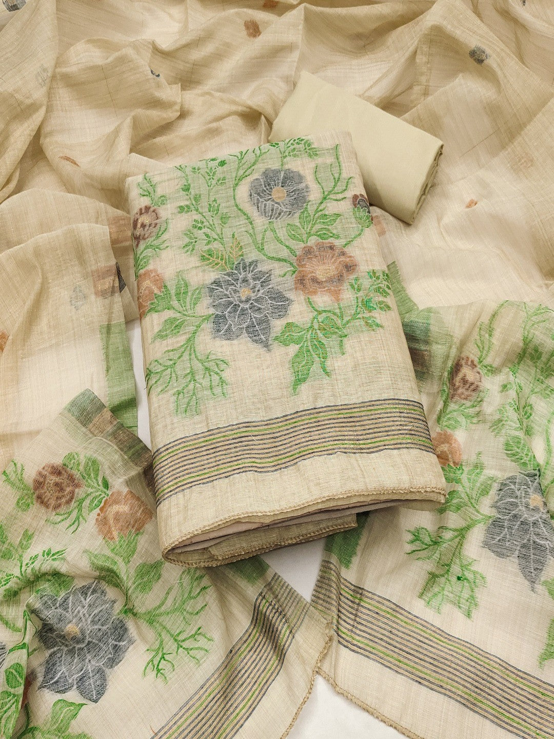 Beige Chanderi Cotton Dress Material with Floral Print and Dupatta - Image 1