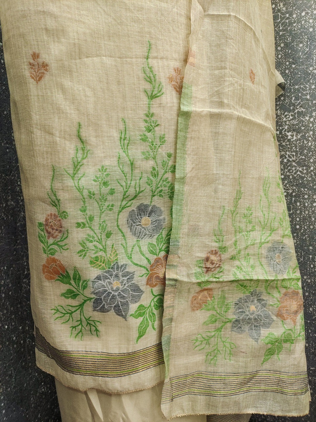 Beige Chanderi Cotton Dress Material with Floral Print and Dupatta - Image 3