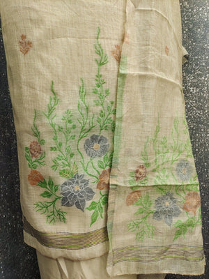 Beige Chanderi Cotton Dress Material with Floral Print and Dupatta - Image 2