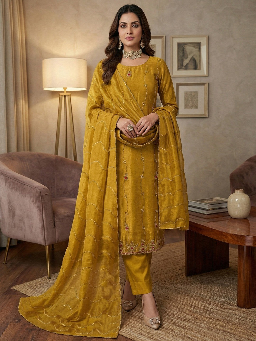 Graceful Dark Mustard Floral Beads Embroidery Work Fendy Silk Blend Dress Material - Image 3