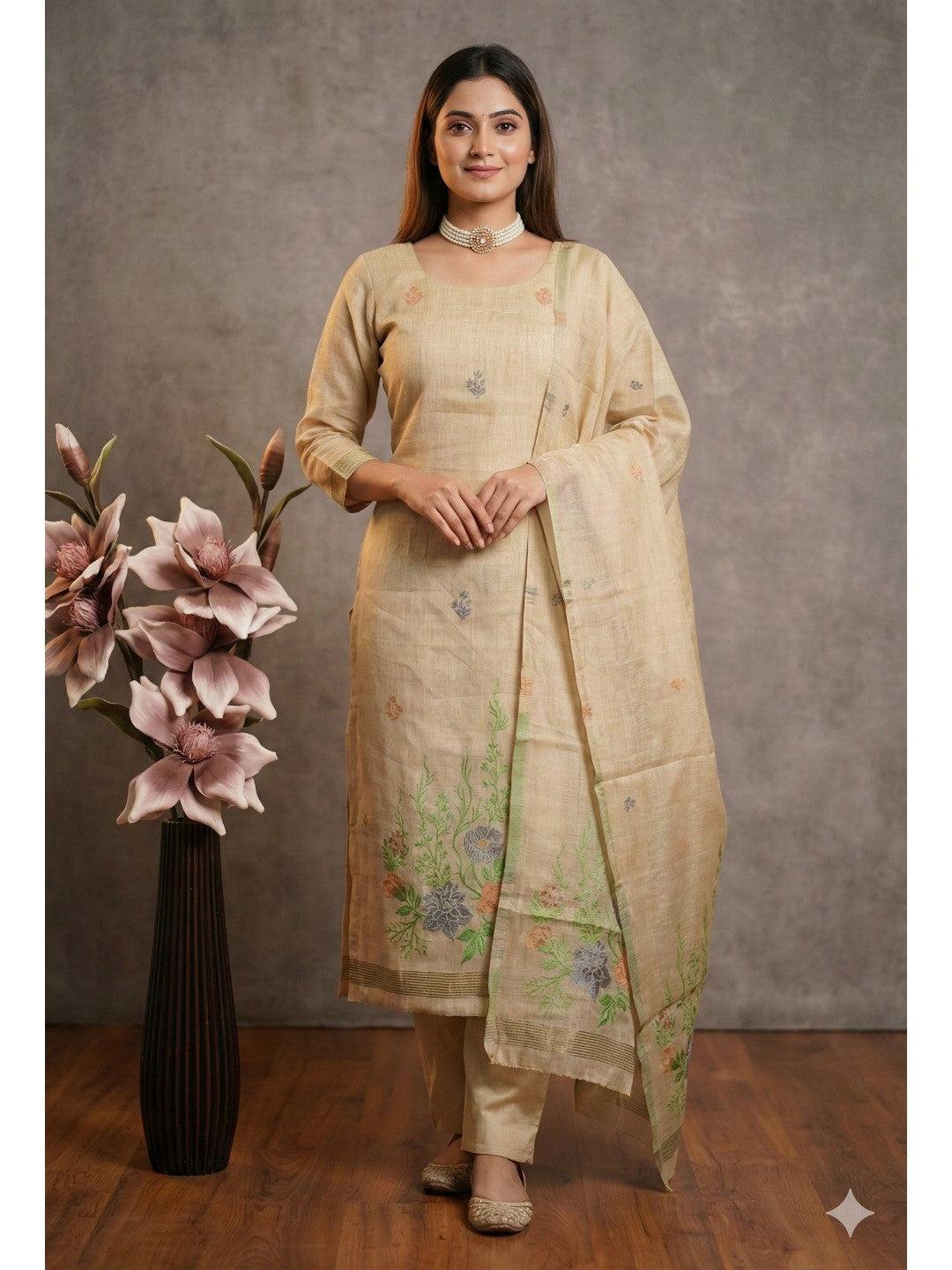 Beige Chanderi Cotton Dress Material with Floral Print and Dupatta - Image 1