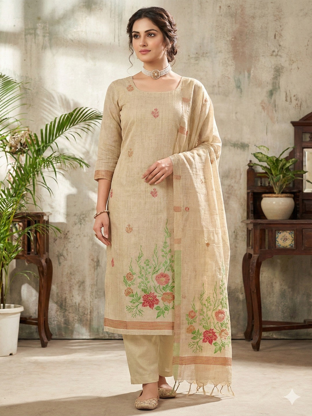 Beige Chanderi Cotton Dress Material with Floral Weaving and Dupatta - Image 1
