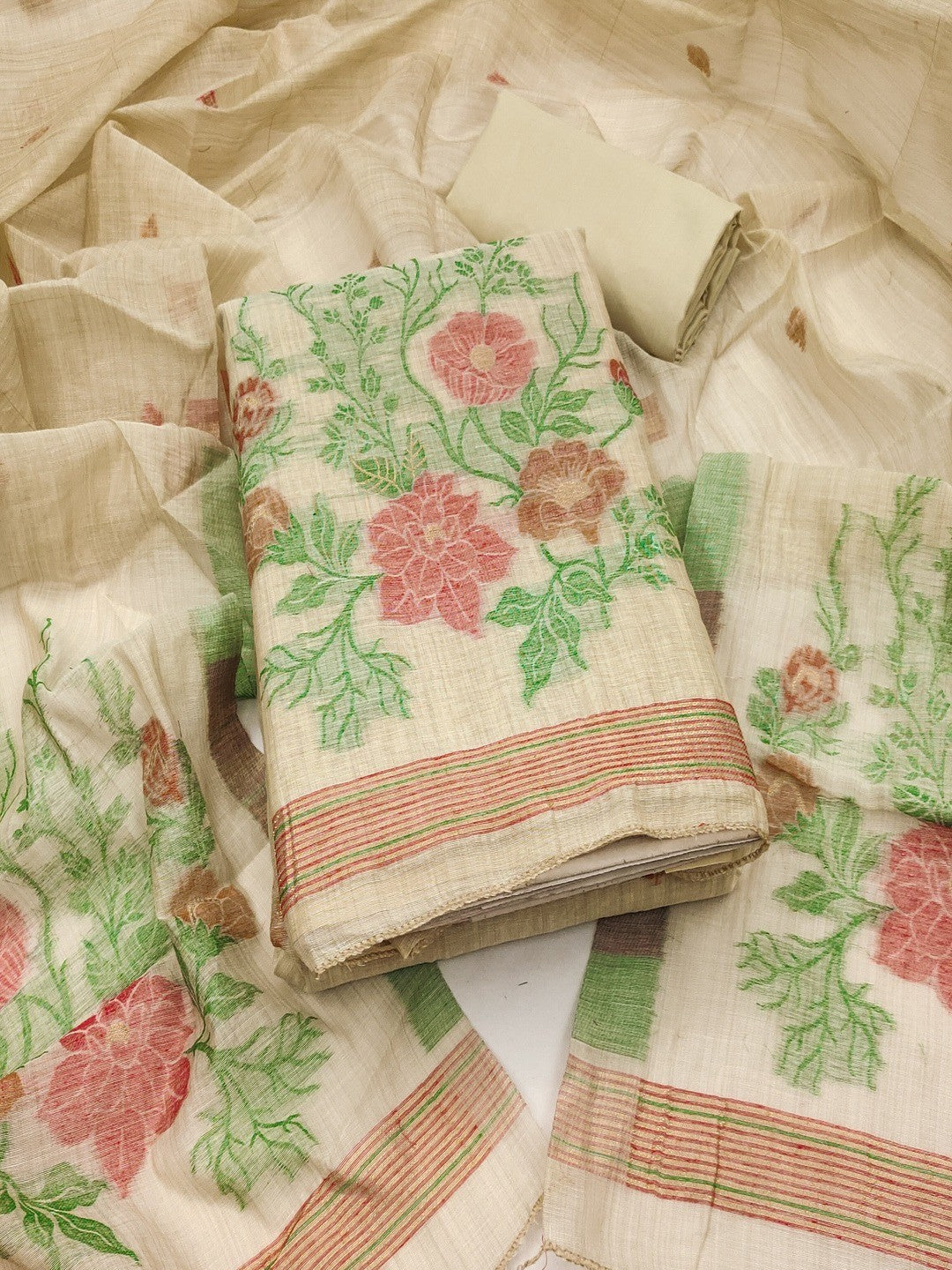 Beige Chanderi Cotton Dress Material with Floral Weaving and Dupatta - Image 1
