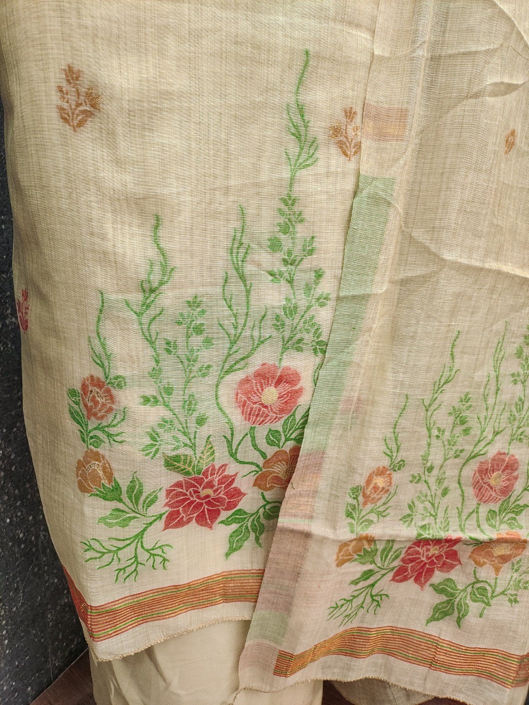 Beige Chanderi Cotton Dress Material with Floral Weaving and Dupatta - Image 4