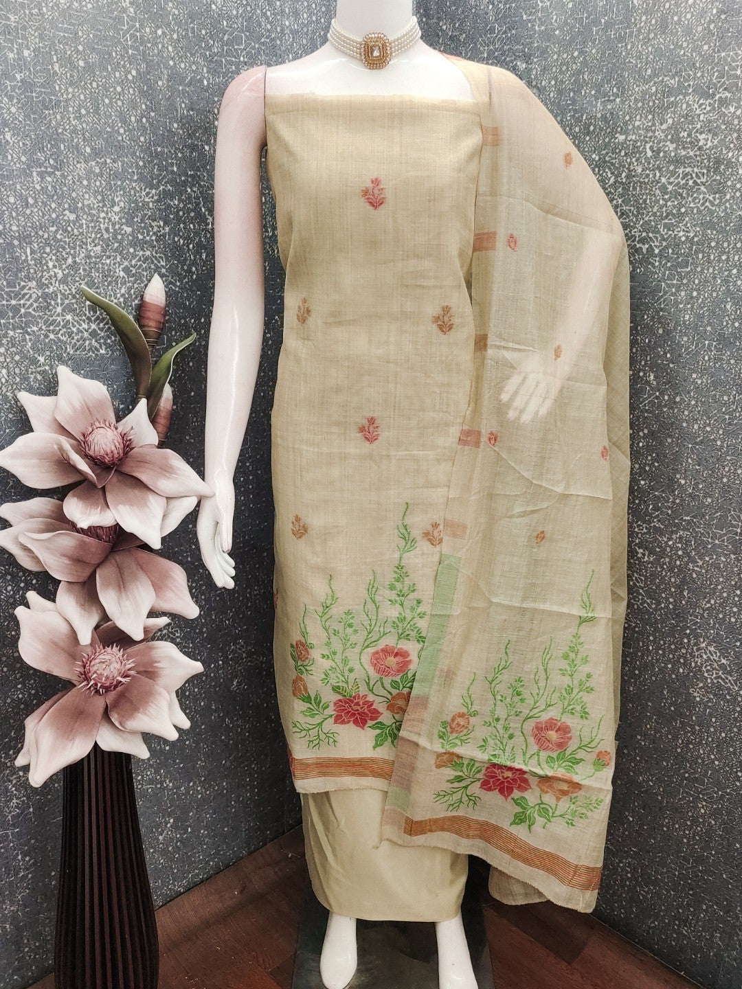 Beige Chanderi Cotton Dress Material with Floral Weaving and Dupatta - Image 3