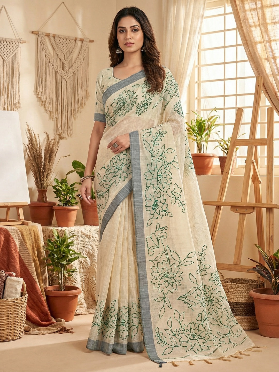Beige Woven Cotton Blend Saree Featuring Green Floral Pattern In Jamdani Style - Image 1