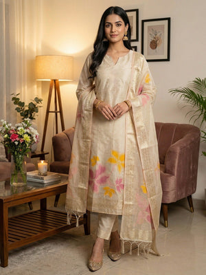 Classic Cream Floral Weaving Work Tissue Shimmer Jacquard Dress Material For Timeless Styling - Image 1