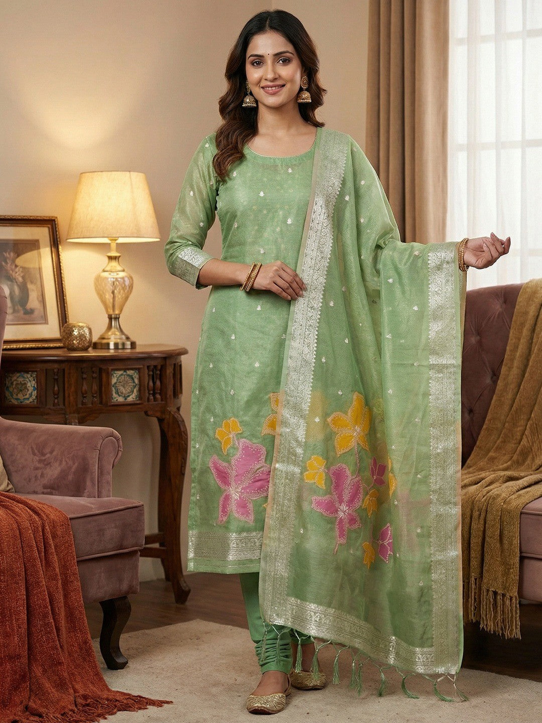 Classic Green Floral Weaving Work Tissue Shimmer Jacquard Dress Material For Timeless Styling - Image 2