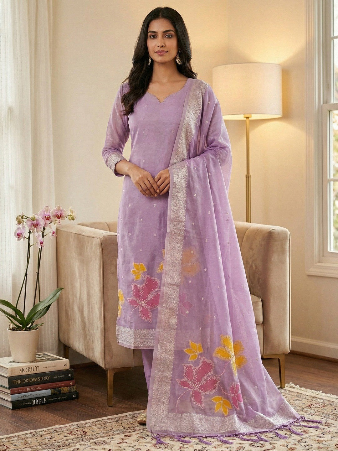 Classic Lavender Floral Weaving Work Tissue Shimmer Jacquard Dress Material For Timeless Styling - Image 2
