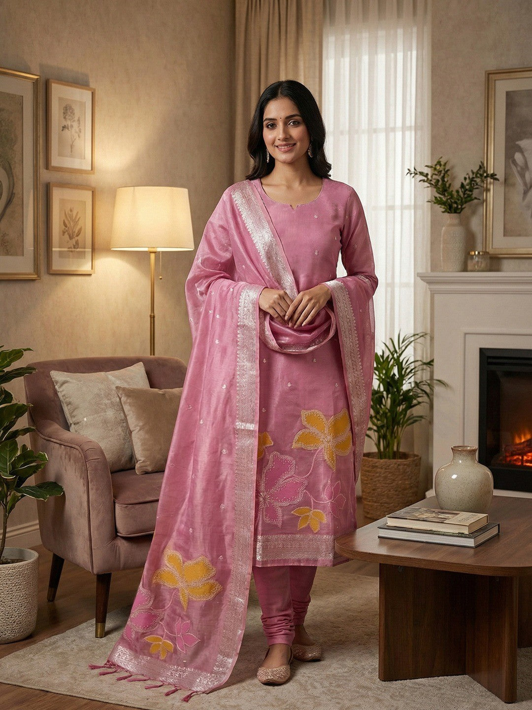 Classic Pink Floral Weaving Work Tissue Shimmer Jacquard Dress Material For Timeless Styling - Image 2