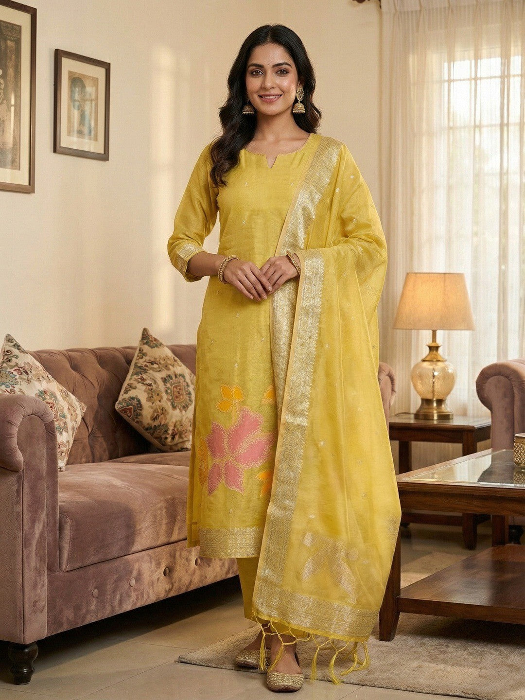 Classic Yellow Floral Weaving Work Tissue Shimmer Jacquard Dress Material For Timeless Styling - Image 1