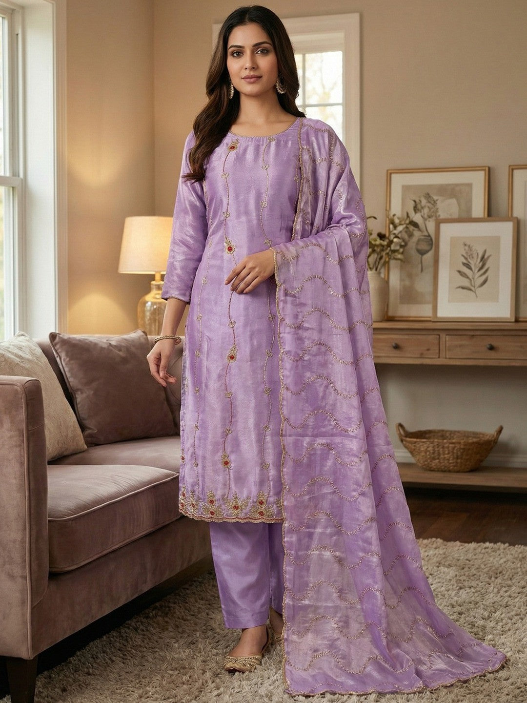 Graceful Lavender Floral Beads Embroidery Work Fendy Silk Blend Dress Material - Image 2