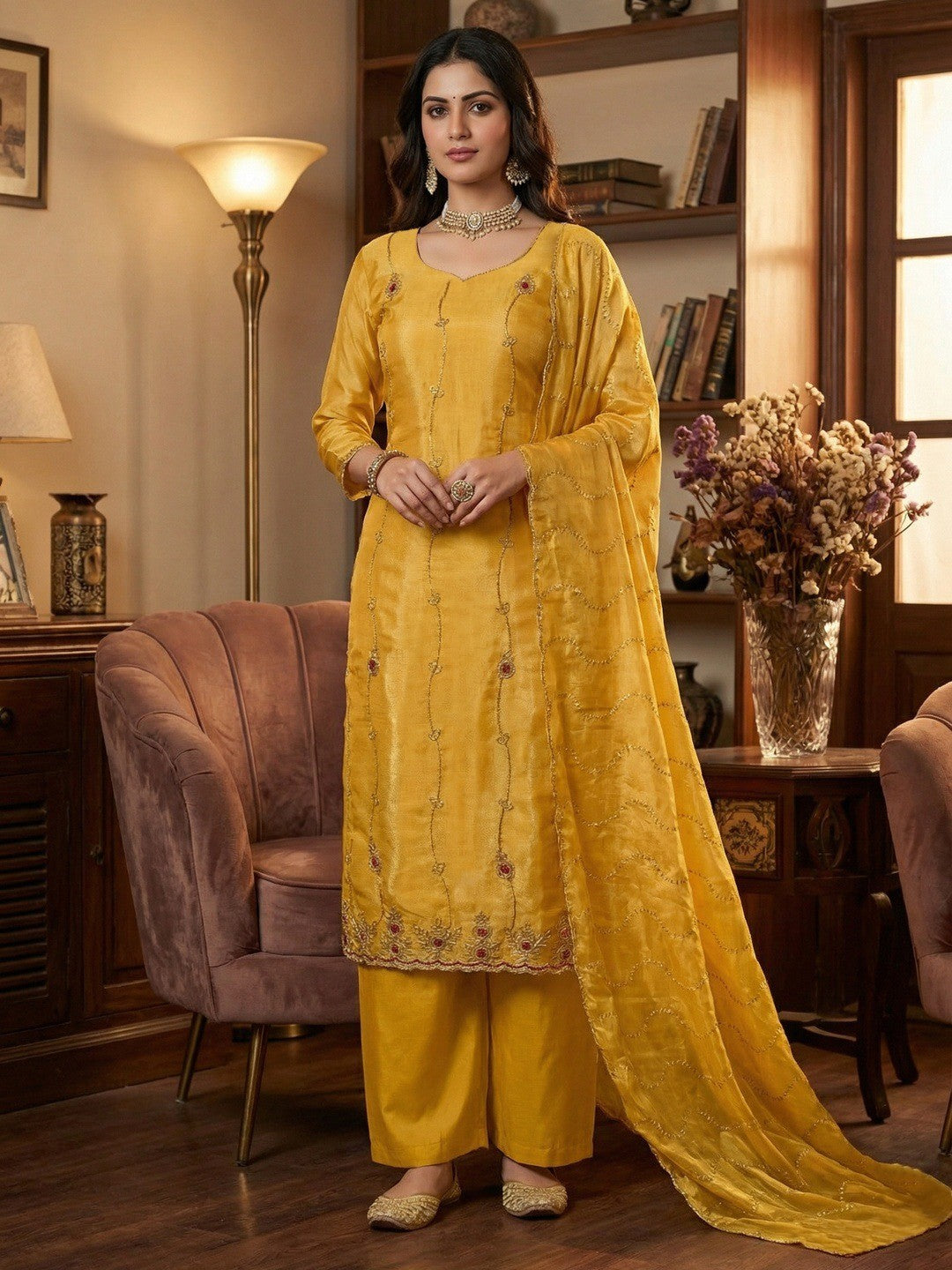 Graceful Mustard Floral Beads Embroidery Work Fendy Silk Blend Dress Material - Image 2