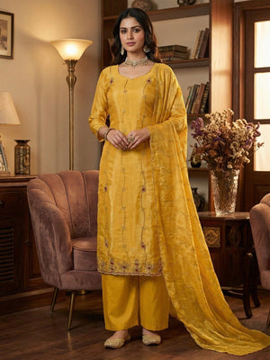 Graceful Mustard Floral Beads Embroidery Work Fendy Silk Blend Dress Material - Image 2