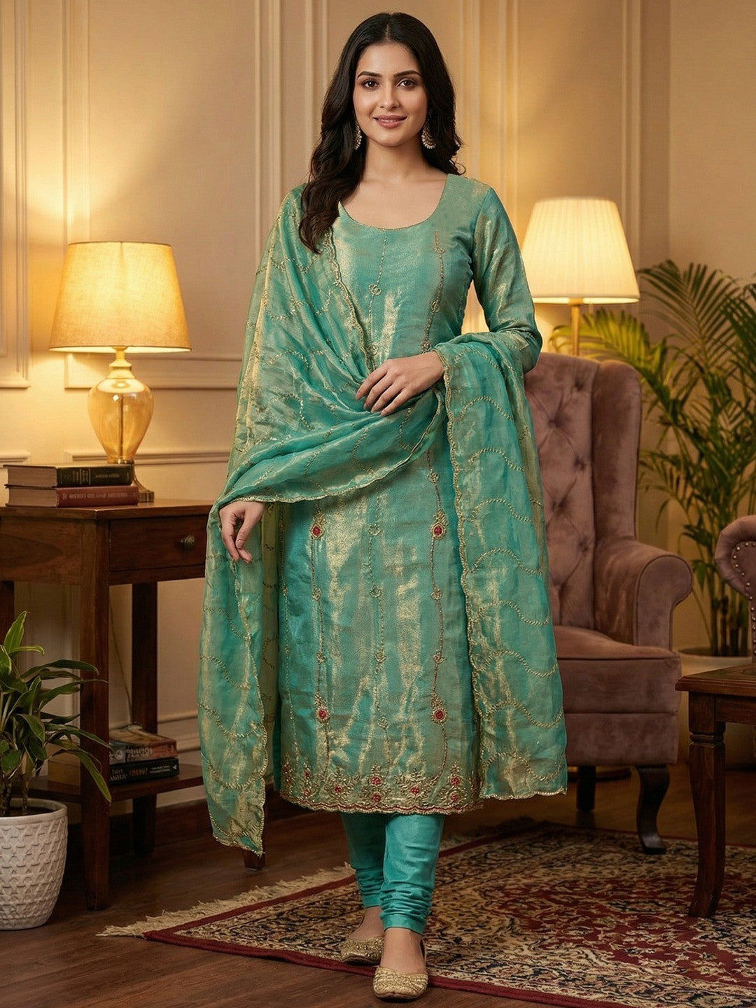 Graceful Turquoise Floral Beads Embroidery Work Fendy Silk Blend Dress Material - Image 2
