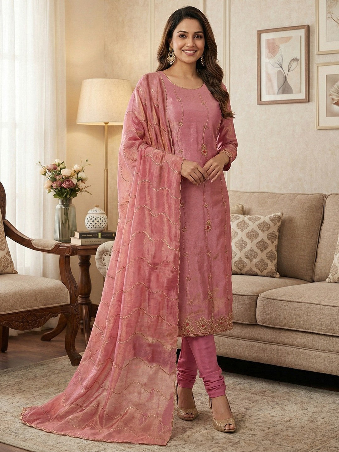 Graceful Pink Floral Beads Embroidery Work Fendy Silk Blend Dress Material - Image 2