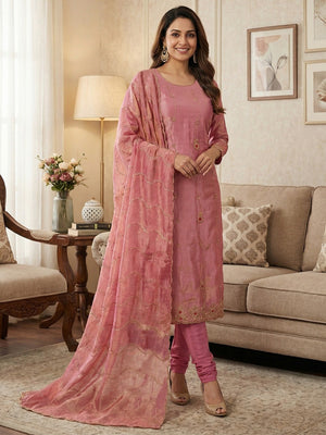 Graceful Pink Floral Beads Embroidery Work Fendy Silk Blend Dress Material - Image 2