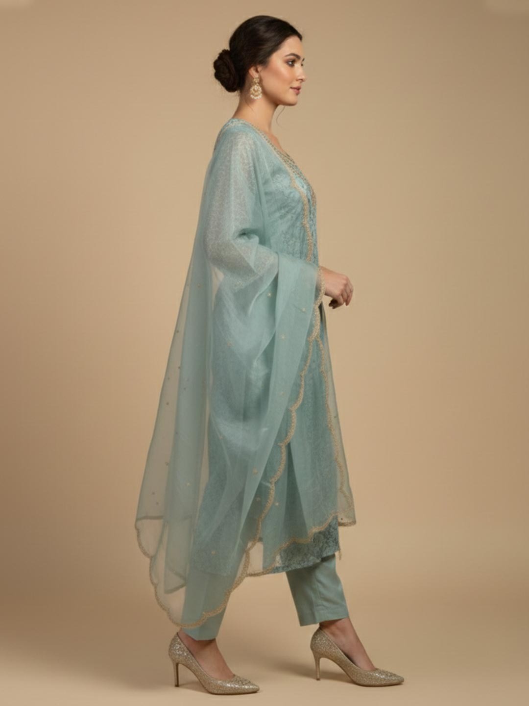 Light Sky Blue Floral Print With Zari Weaving Work Organza Straight Salwar Suit - Image 4