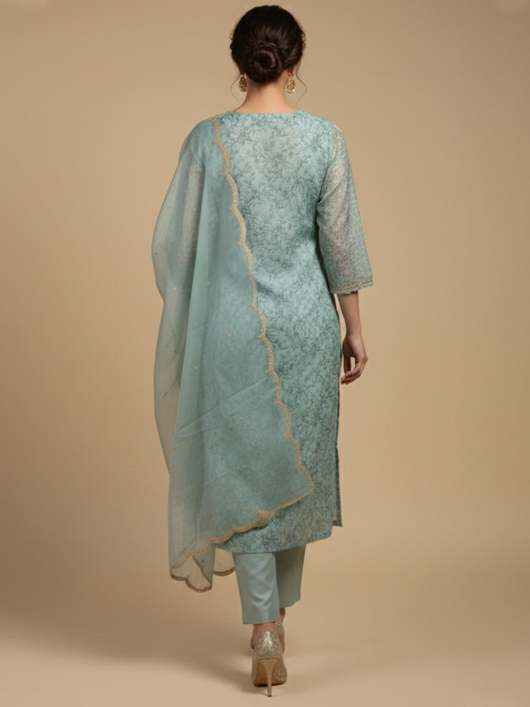 Light Sky Blue Floral Print With Zari Weaving Work Organza Straight Salwar Suit - Image 3