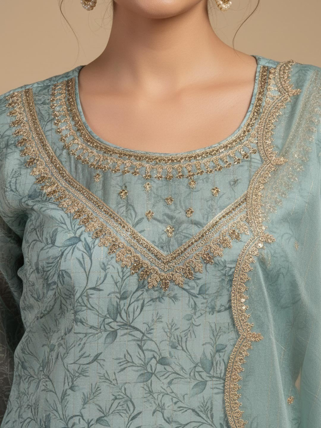 Light Sky Blue Floral Print With Zari Weaving Work Organza Straight Salwar Suit - Image 2