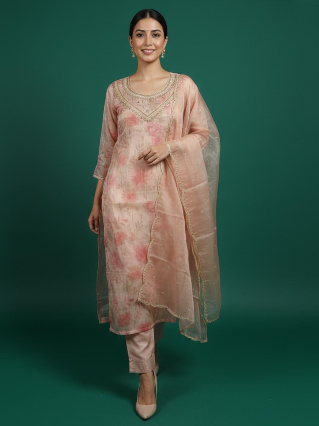 Light Peach Floral Print With Zari Weaving Work Organza Straight Salwar Suit - Image 1
