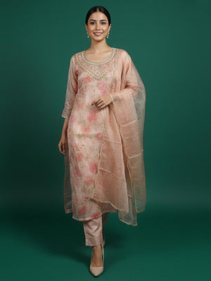 Light Peach Floral Print With Zari Weaving Work Organza Straight Salwar Suit - Image 1