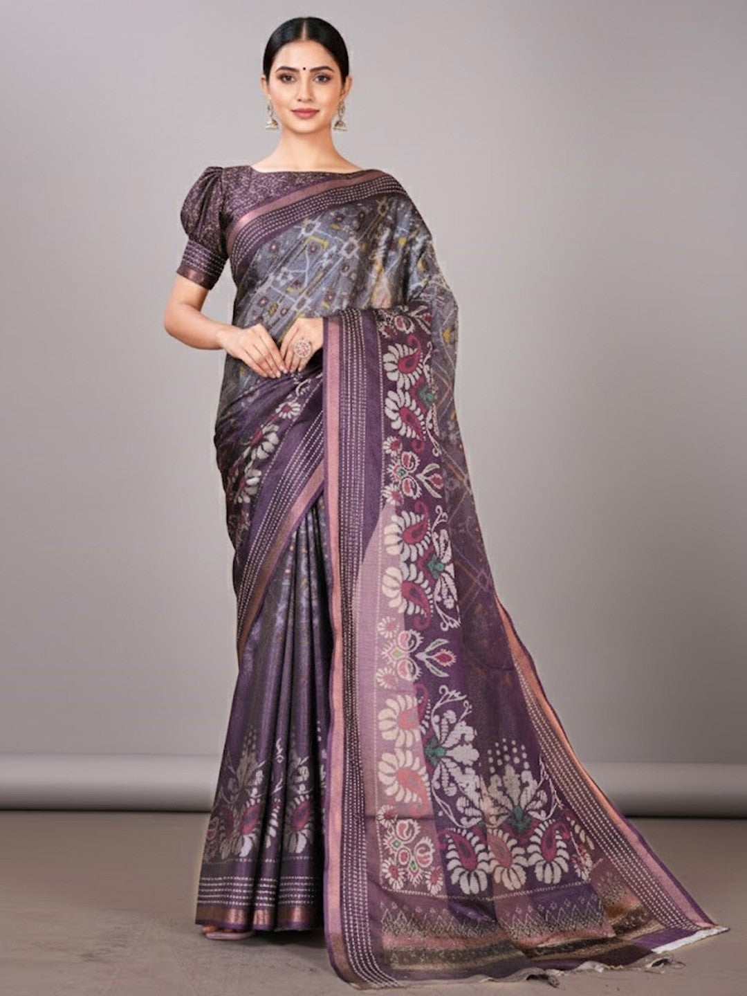 Classic Wine & Grey Digital Patola Printed Silk Blend Saree With Fine Zari Woven Border - Image 1