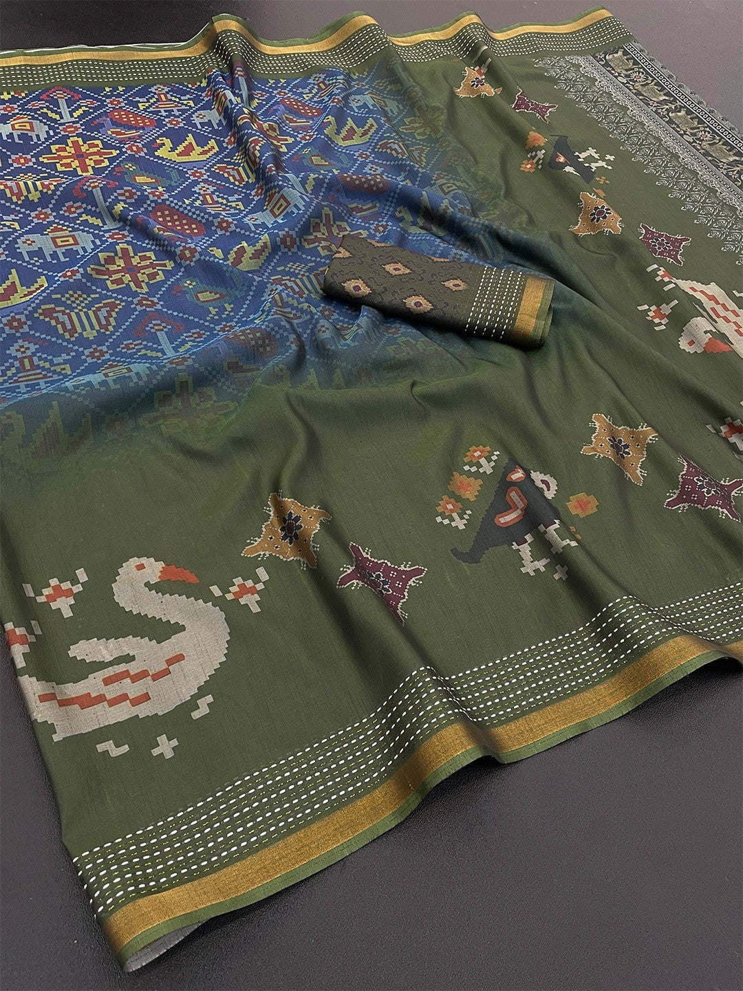 Classic Mehendi Green & Blue Digital Patola Printed Silk Blend Saree With Fine Zari Woven Border - Image 2