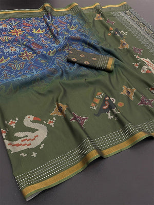 Classic Mehendi Green & Blue Digital Patola Printed Silk Blend Saree With Fine Zari Woven Border - Image 2