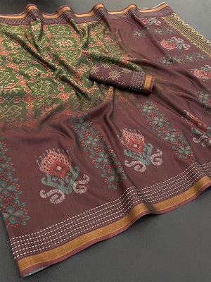 Classic Wine & Mehendi Green Digital Patola Printed Silk Blend Saree With Fine Zari Woven Border - Image 2