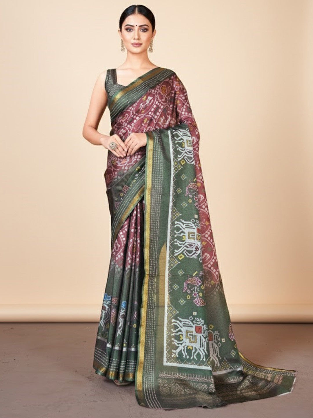 Classic Green & Maroon Digital Patola Printed Silk Blend Saree With Fine Zari Woven Border - Image 1