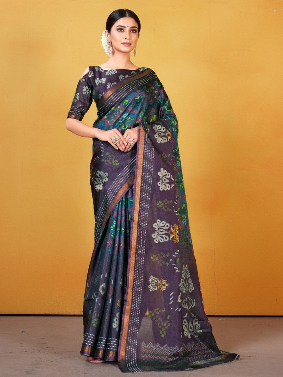 Classic Wine & Navy Blue Digital Patola Printed Silk Blend Saree With Fine Zari Woven Border - Image 1